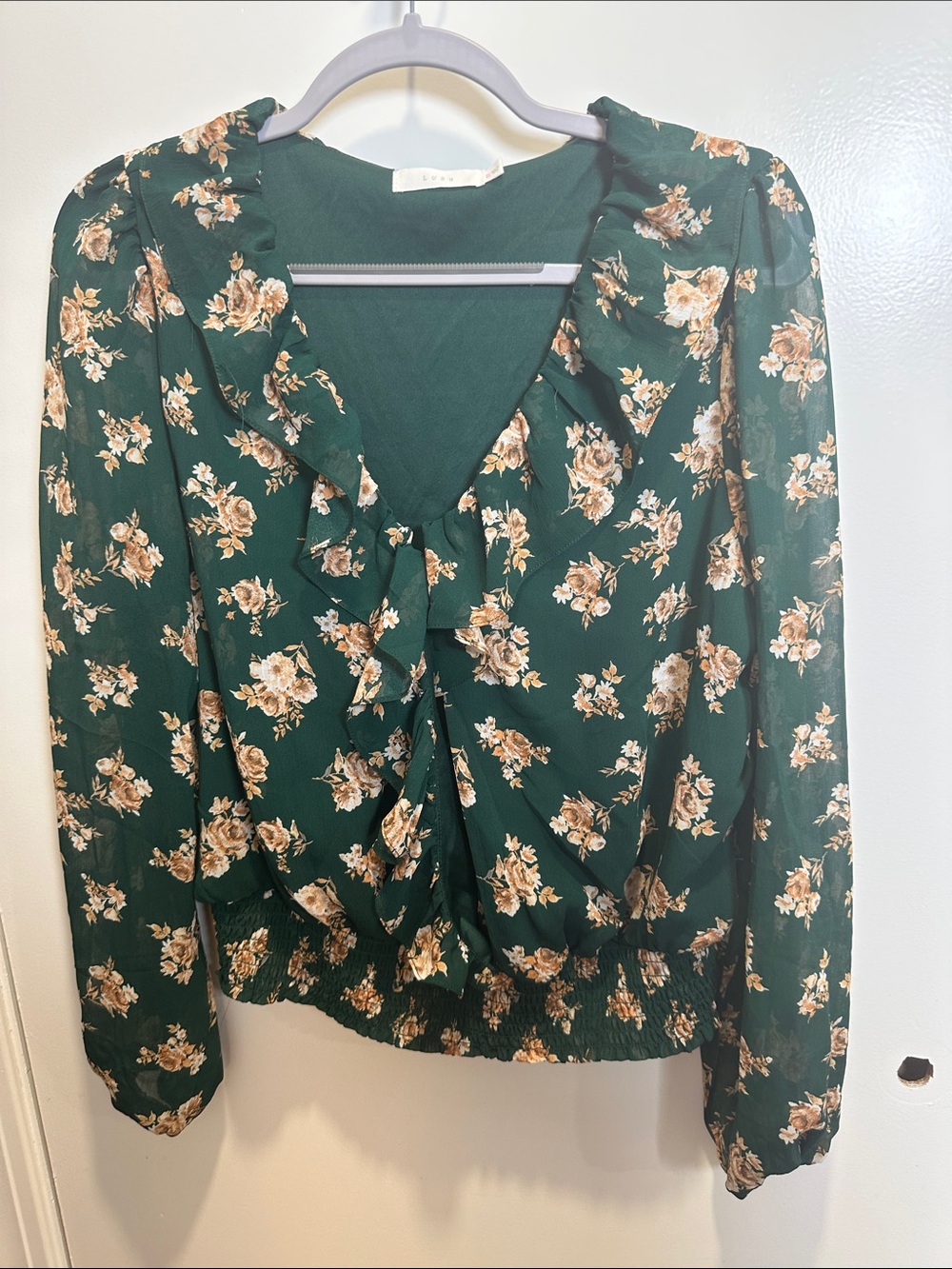 Lush Dark Green Floral Ruffle Tie-Front Blouse (57)